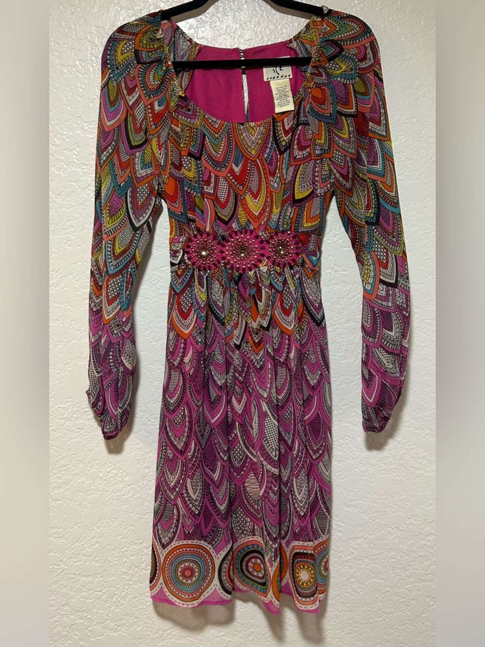 Vintage Ice Pink Multicolor Printed Long-Sleeve Dress